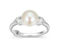 BAGUE EN ARGENT RHODIÉ SERTIE DpiUNE PERLE DpiEAU DOUCE ET DE CUBIQUES ZIRCONIAS