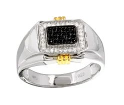 BAGUE EN ARGENT/PVD OR SERTIE DE CUBIQUES ZIRCONIAS NOIRS ET BLANCS
