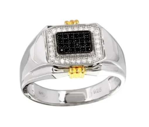 BAGUE EN ARGENT/PVD OR SERTIE DE CUBIQUES ZIRCONIAS NOIRS ET BLANCS