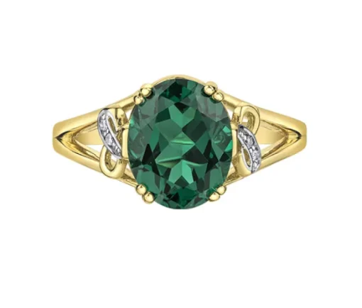 BAGUE EN OR JAUNE SERTIE DpiUN TOPAZE MYSTIQUE OU DpiUNE ÉMERAUDE SIMULÉE ET DE DIAMANTS