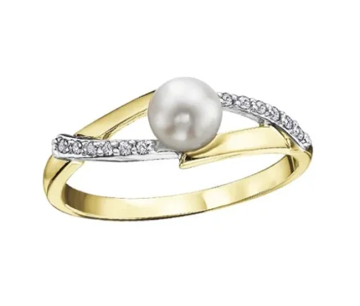BAGUE EN OR 10K 2 TONS SERTIE DpiUNE PERLE DE CULTURE ET DE DIAMANTS