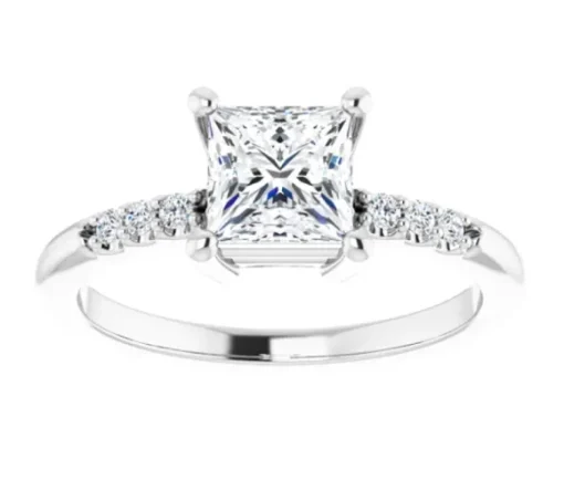BAGUE EN OR 14K BLANC SERTIE DpiUN DIAMANT DE LABORATOIRE PRINCESSE ET DE DIAMANTS DE LABORATOIRES