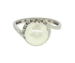 BAGUE EN OR 14K BLANC SERTIE Dpi,UNE PERLE DpiEAU DOUCE ET DE DIAMANTS