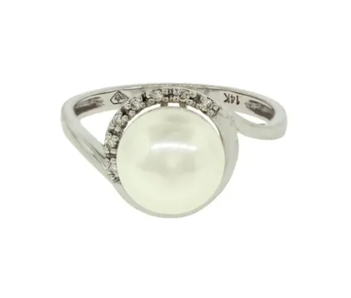 BAGUE EN OR 14K BLANC SERTIE Dpi,UNE PERLE DpiEAU DOUCE ET DE DIAMANTS