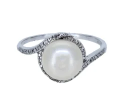 BAGUE EN OR 10K BLANC SERTIE DpiUNE PERLE DpiEAU DOUCE ET DE DIAMANTS
