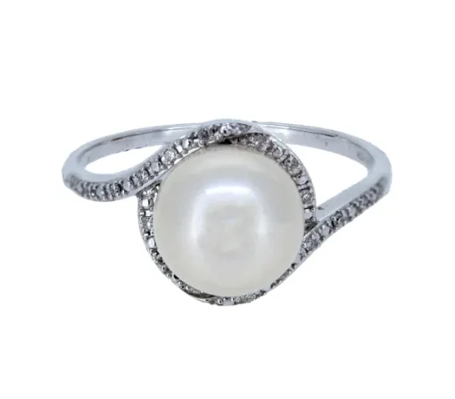 BAGUE EN OR 10K BLANC SERTIE DpiUNE PERLE DpiEAU DOUCE ET DE DIAMANTS