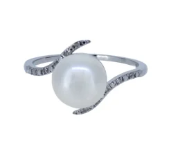 BAGUE EN OR 10K BLANC SERTIE DpiUNE PERLE DpiEAU DOUCE ET DE DIAMANTS