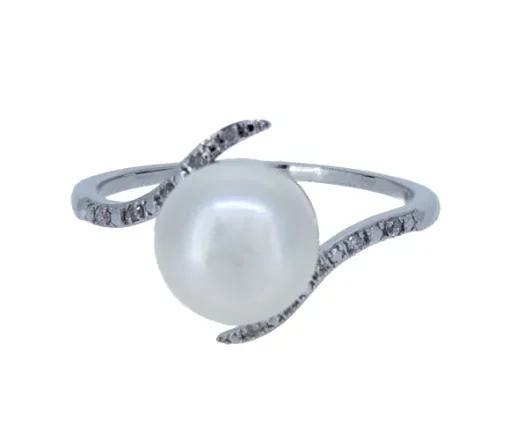 BAGUE EN OR 10K BLANC SERTIE DpiUNE PERLE DpiEAU DOUCE ET DE DIAMANTS