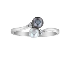 BAGUE EN OR 10K BLANC SERTIE DE 2 PERLES DE CULTURES ET DE DIAMANTS