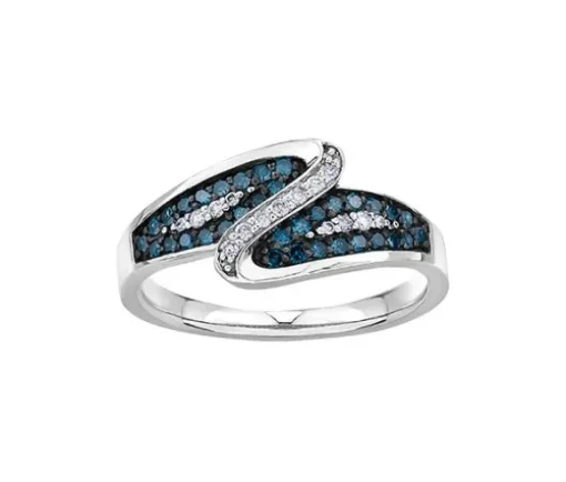BAGUE EN OR 10K BLANC SERTIE DE DIAMANTS BLEUS ET BLANCS