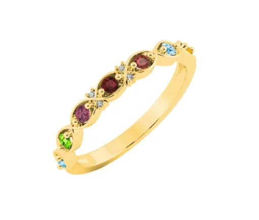 BAGUE FAMILIALE EN OR 10K JAUNE SERTIE DE PIERRES VÉRITABLES