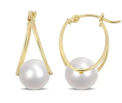 BOUCLES ANNEAUX DOUBLES EN OR SERTIES DE PERLE DE CULTURE