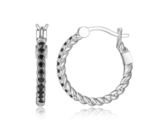 BOUCLES ANNEAUX EN ARGENT RHODIÉ SERTIES DE SPINELLES NOIRS