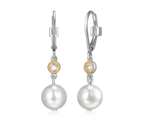 BOUCLES EN ARGENT RHODIÉ/PVD OR 2 TONS SERTIES DE PERLES ET DE CUBIQUES ZIRCONIAS