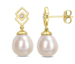 BOUCLES EN OR JAUNE SERTI DE DIAMANTS ET DE PERLES DpiEAU DOUCE