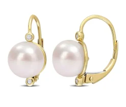 BOUCLES EN OR JAUNE SERTIES DE DIAMANTS ET DE PERLES DpiEAU DOUCE