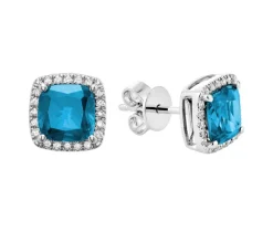 BOUCLES EN OR 10K BLANC SERTIES DE TOPAZES BLEUS ET DE DIAMANTS