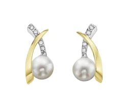 BOUCLES FIXES EN OR 2 TONS SERTIES DE PERLES DE CULTURES ET DE DIAMANTS