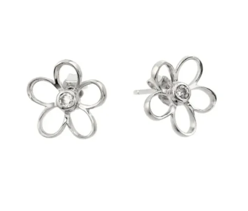 BOUCLES FLEUR AJOURÉE EN ARGENT RHODIÉ SERTIES DE CUBIQUES ZIRCONIAS