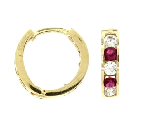 BOUCLES HUGGIES EN OR 10K SERTIES DE CUBIQUES ZIRCONIAS ROUGES ET BLANCS