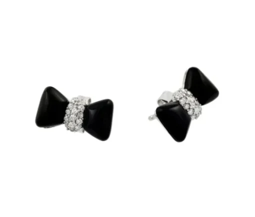 boucles noeud papillon en argent rhodié serties dpiémail noir et de cubiques zirconias