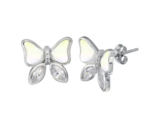 BOUCLES PAPILLONS EN ARGENT RHODIÉ SERTIES DE NACRE DE PERLE ET DE CUBIQUES ZIRCONIAS