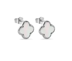 BOUCLES TRÈFLES EN ARGENT RHODIÉ SERTIES DE NACRE DE PERLE SYNTHÉTIQUE