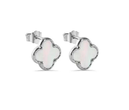 BOUCLES TRÈFLES EN ARGENT RHODIÉ SERTIES DE NACRE DE PERLE SYNTHÉTIQUE