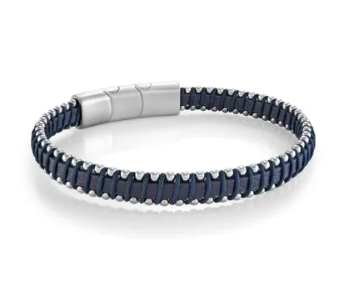 BRACELET EN ACIER CUIR BLEU FONCÉ ET CORDE TRESSÉE