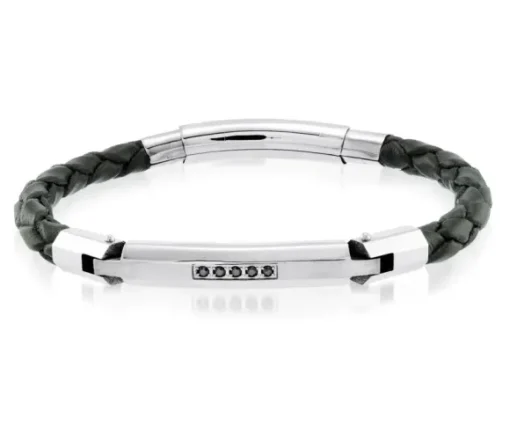 BRACELET EN CUIR TRESSÉ ET ACIER SERTI DE CUBIQUES ZIRCONIAS NOIRS