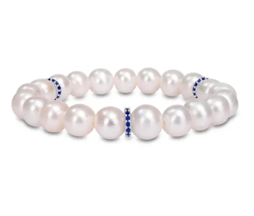 BRACELET EXTENSIBLE SERTI DE PERLES DpiEAU DOUCE, DE SAPHIRS DE LABORATOIRE ET DpiARGENT