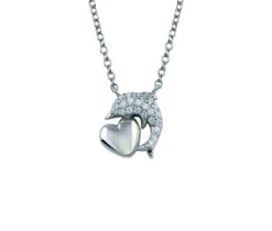 COLLIER DAUPHIN/COEUR EN ARGENT RHODIÉ SERTTI DE CUBIQUES ZIRCONIAS