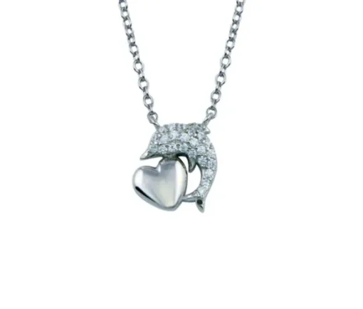 COLLIER DAUPHIN/COEUR EN ARGENT RHODIÉ SERTTI DE CUBIQUES ZIRCONIAS