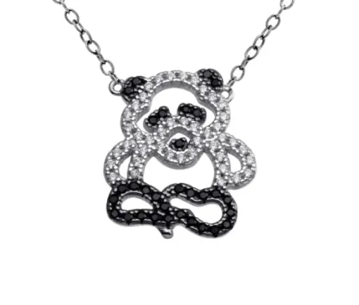COLLIER PANDA AJOURÉ EN ARGENT RHODIÉ SERTI DE CUBIQUES ZIRCONIAS NOIRS ET BLANCS