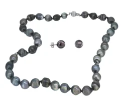 ENSEMBLE COLLIER ET BOUCLES DE PERLE DE TAHITI ET OR BLANC