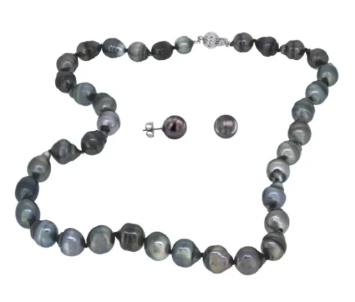 ENSEMBLE COLLIER ET BOUCLES DE PERLE DE TAHITI ET OR BLANC