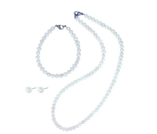 ENSEMBLE DE COLLIER, BRACELET ET BOUCLES EN ACIER ET PERLES DpiEAU DOUCE