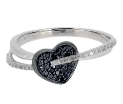 JOLIE BAGUE EN OR 14K BLANC SERTIE DE DIAMANTS BLANCS/NOIRS