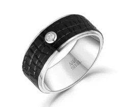 JONC EN ACIER ET CUIR NOIR SERTI DpiUN CUBIQUE ZIRCONIA