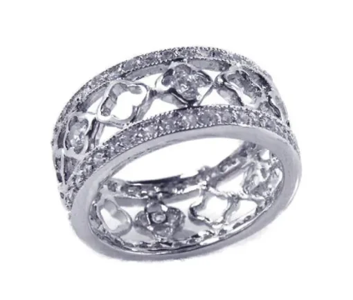 JONC ÉTERNITÉ AJOURÉ AVEC MOTIF TRÈFLES EN ARGENT RHODIÉ SERTI DE CUBIQUES ZIRCONIAS