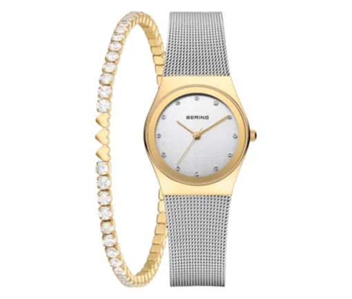 MONTRE BERING ET BRACELET TENNIS EN ACIER/PVD OR 2 TONS SERTIS DE CRISTAUX