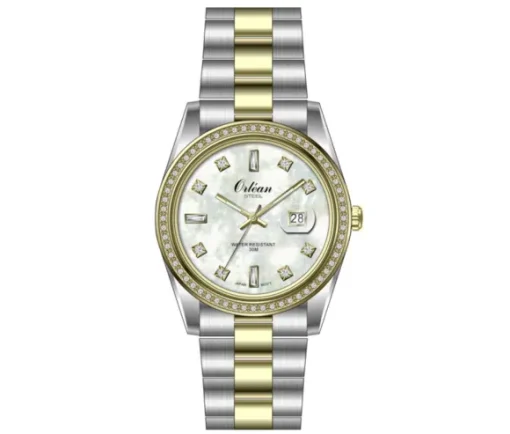 MONTRE POUR DAME ORLEAN EN ACIER/PVD OR 2 TONS SERTIE DE CRISTAUX