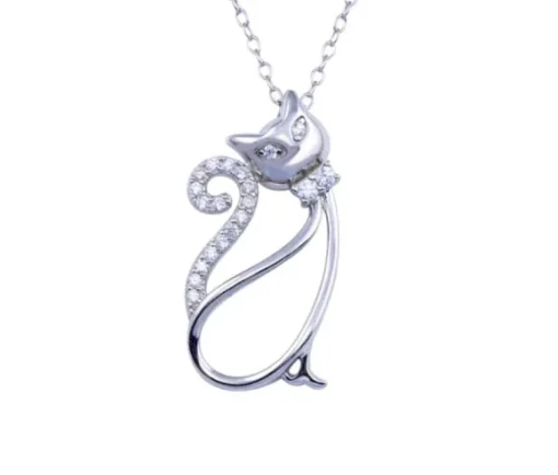 PENDENTIF CHAT AJOURÉ EN ARGENT RHODIÉ SERTI DE CUBIQUES ZIRCONIAS