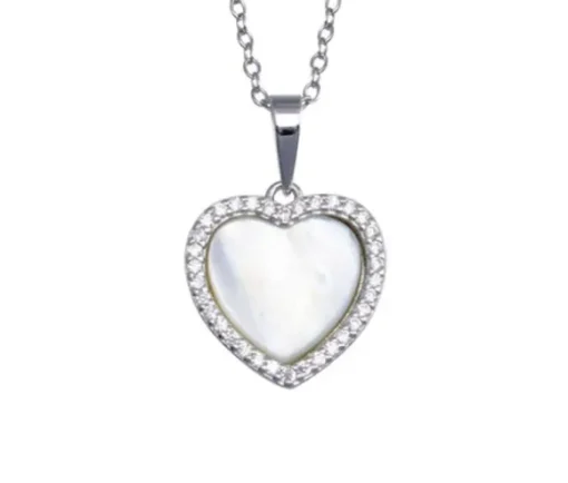 PENDENTIF COEUR EN ARGENT RHODIÉ SERTI DE NACRE DE PERLE ET DE CUBIQUES ZIRCONIAS