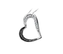PENDENTIF COEUR EN OR BLANC SERTI DE DIAMANTS NOIRS ET BLANCS