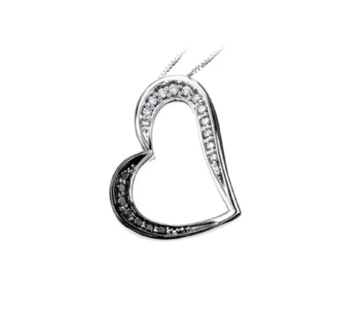 PENDENTIF COEUR EN OR BLANC SERTI DE DIAMANTS NOIRS ET BLANCS