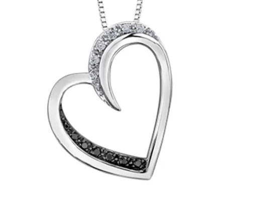 PENDENTIF COEUR EN OR 10K BLANC SERTI DE DIAMANTS BLANCS ET NOIRS