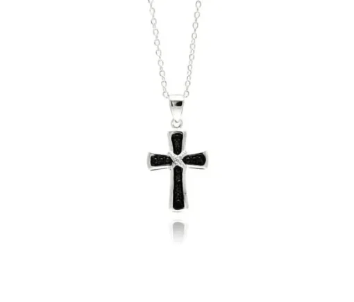 PENDENTIF CROIX EN ARGENT RHODIÉ SERTI DE CUBIQUES ZIRCONIAS NOIRS