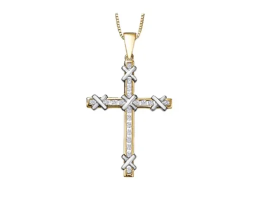 PENDENTIF CROIX EN OR 10K 2 TONS SERTI DE DIAMANTS