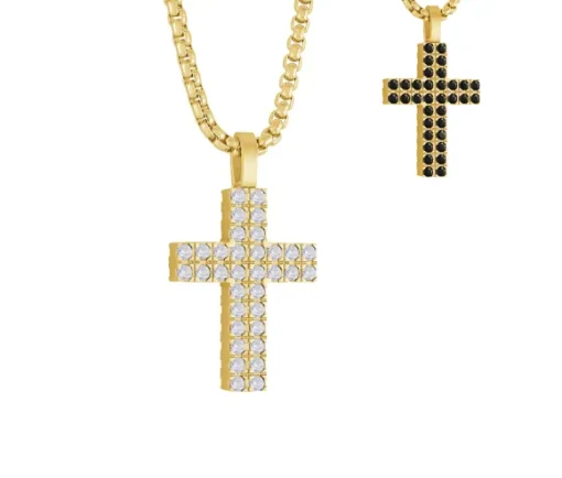 PENDENTIF CROIX RÉVERSIBLE EN ACIER/PVD OR SERTI DE CUBIQUES ZIRCONIAS